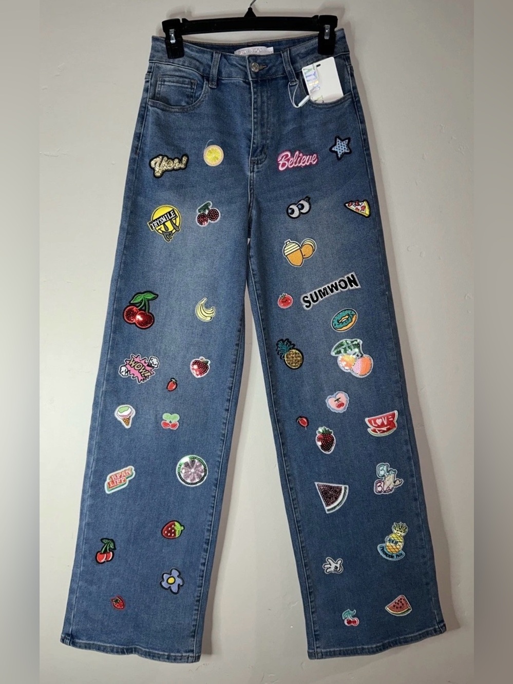 Muy Muy Patches Jeans Wide Leg Kidcore Maximalist Blue Juniors Sz M (7/9) NWT